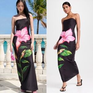 Rococo Sand Black Strapless Floral Satin Maxi Dress